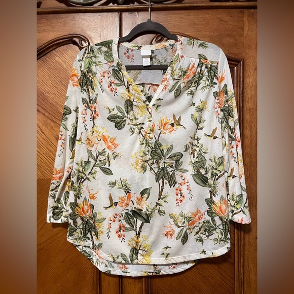 H&M Tops - H&M Floral Sheer Blouse Tunic Top bird hummingbird cream green orange yellow